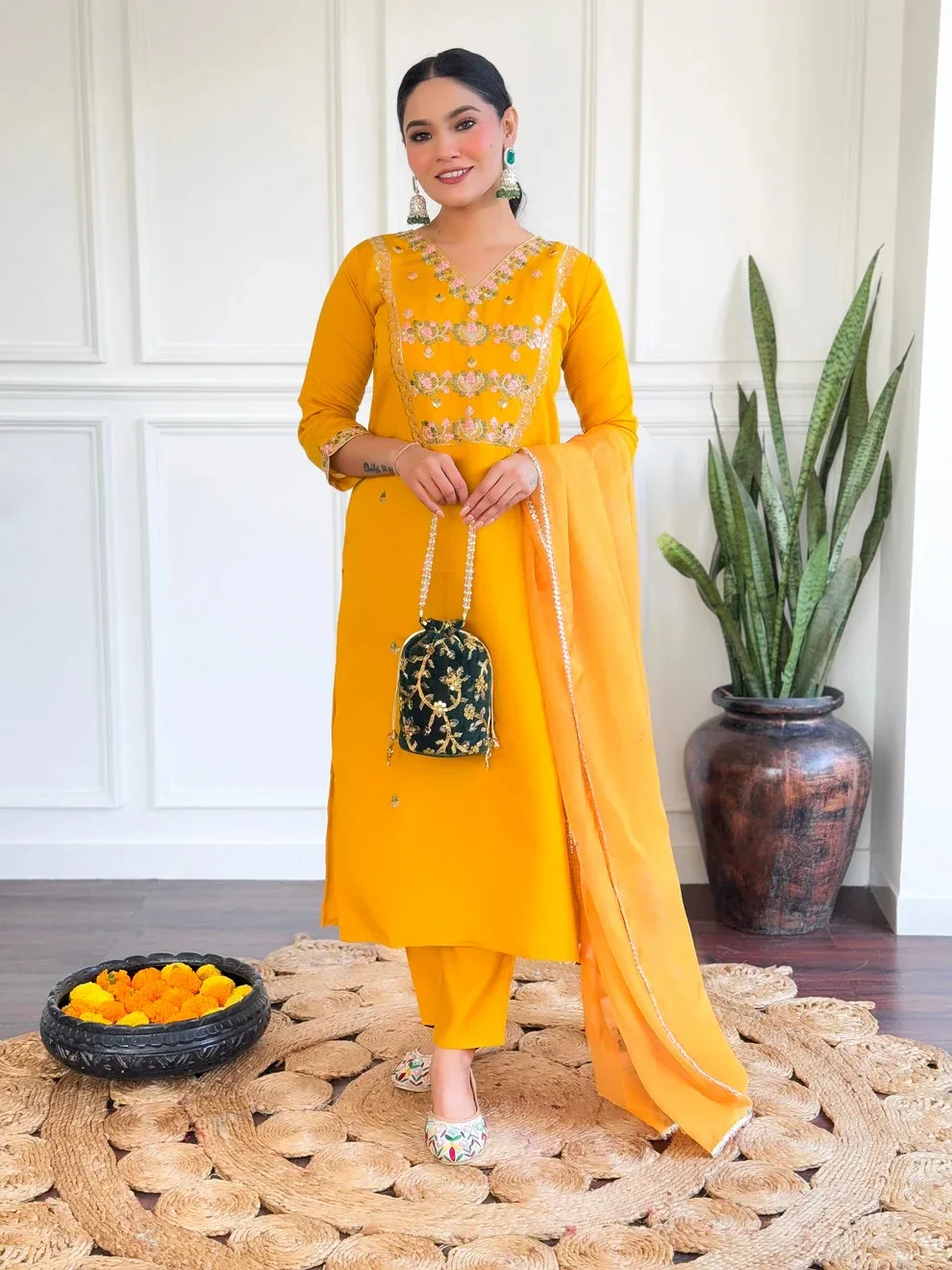 Yellow Chanderi Silk Kurti Bottom With Dupatta product image