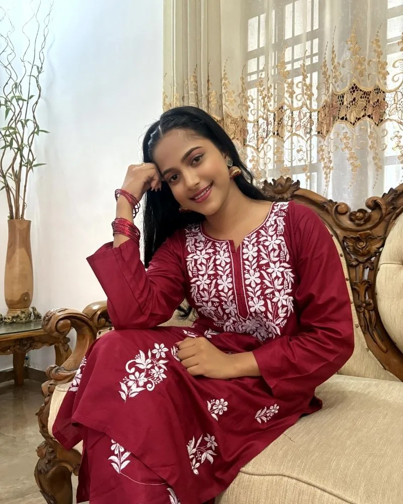 Red Color Chikankari Kurti Palazzo Set - Top & Pant
