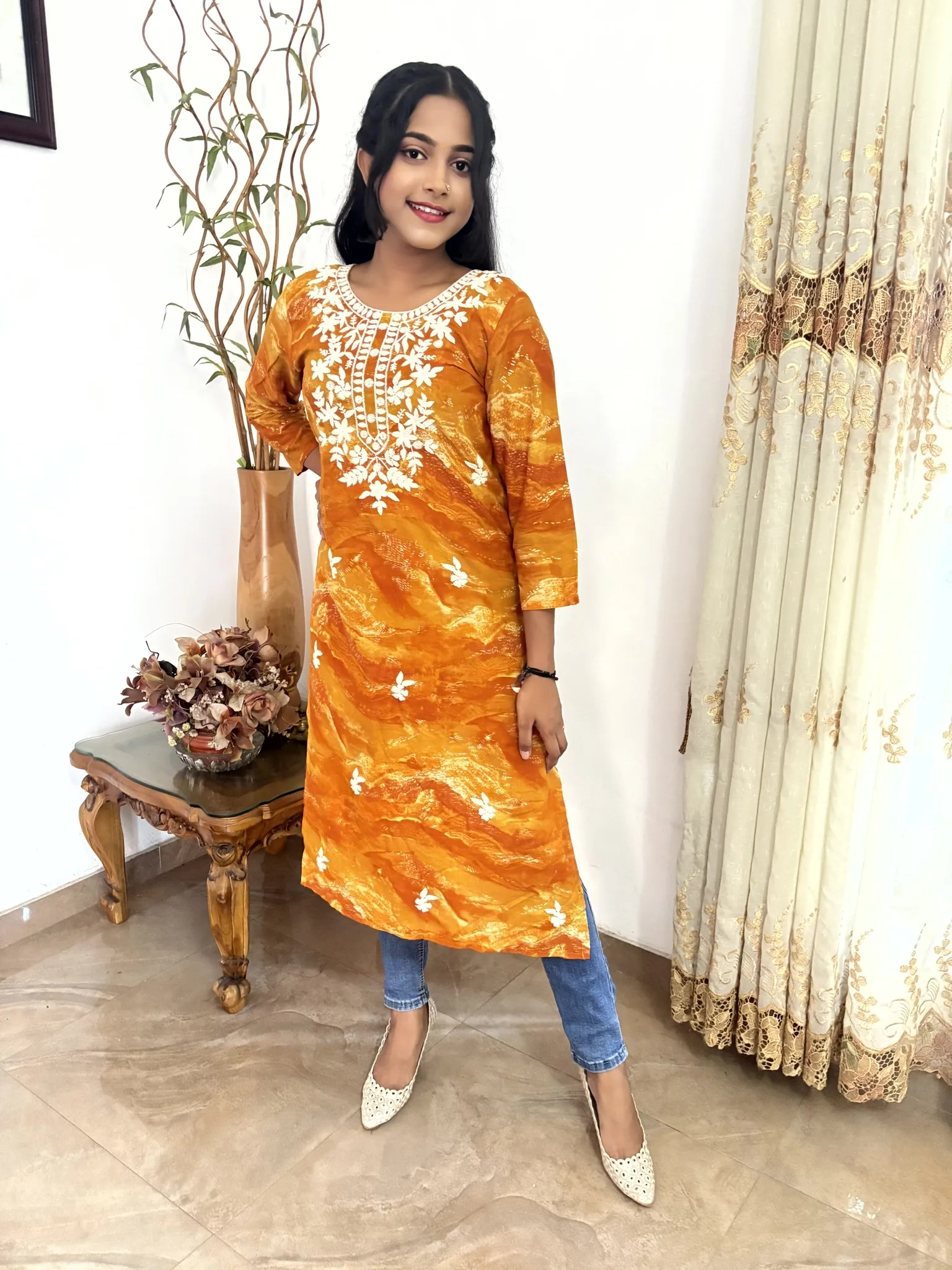Long Kurthi Top - Neon Tangerine Color