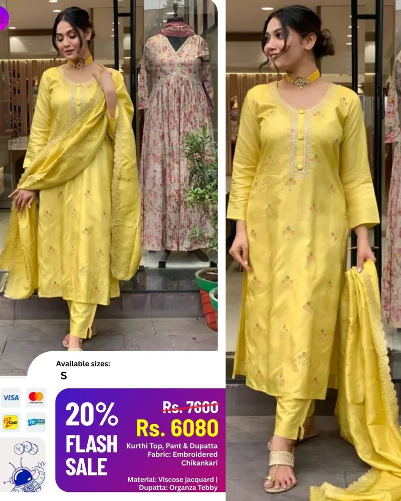 Vibrant Yellow Kurti Set with Embroidery and Tebby Organza Dupatta