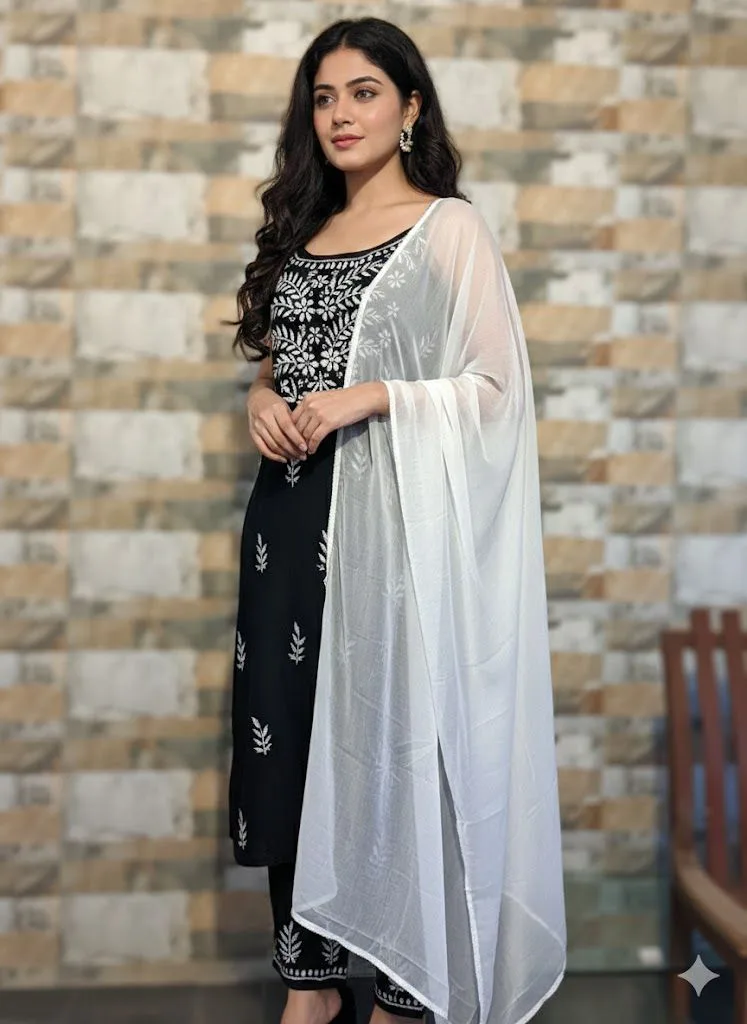 Soft & Breathable Rayon Cotton Kurthi with 100% handcrafted Lucknowi Chikankari Thread Work & Bottom, M to 3XL product image