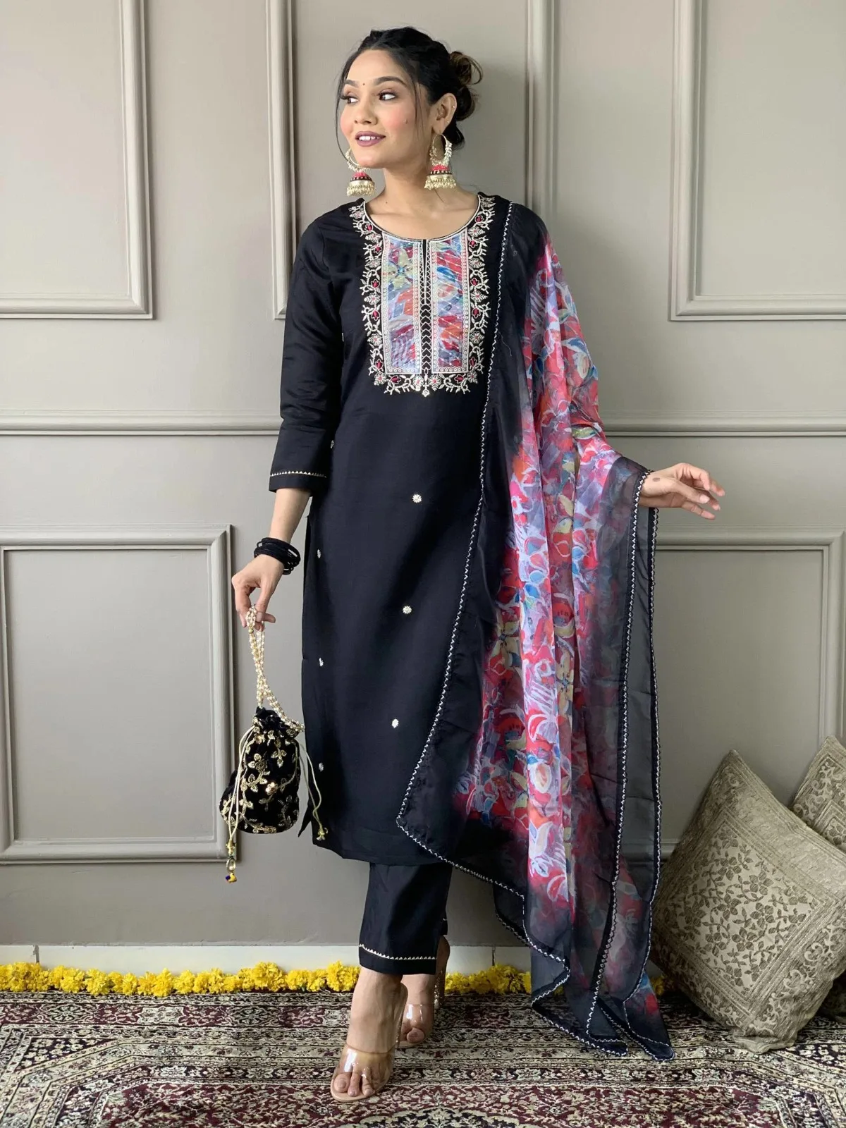 Black Rayon Slub Kurti Bottom With Dupatta