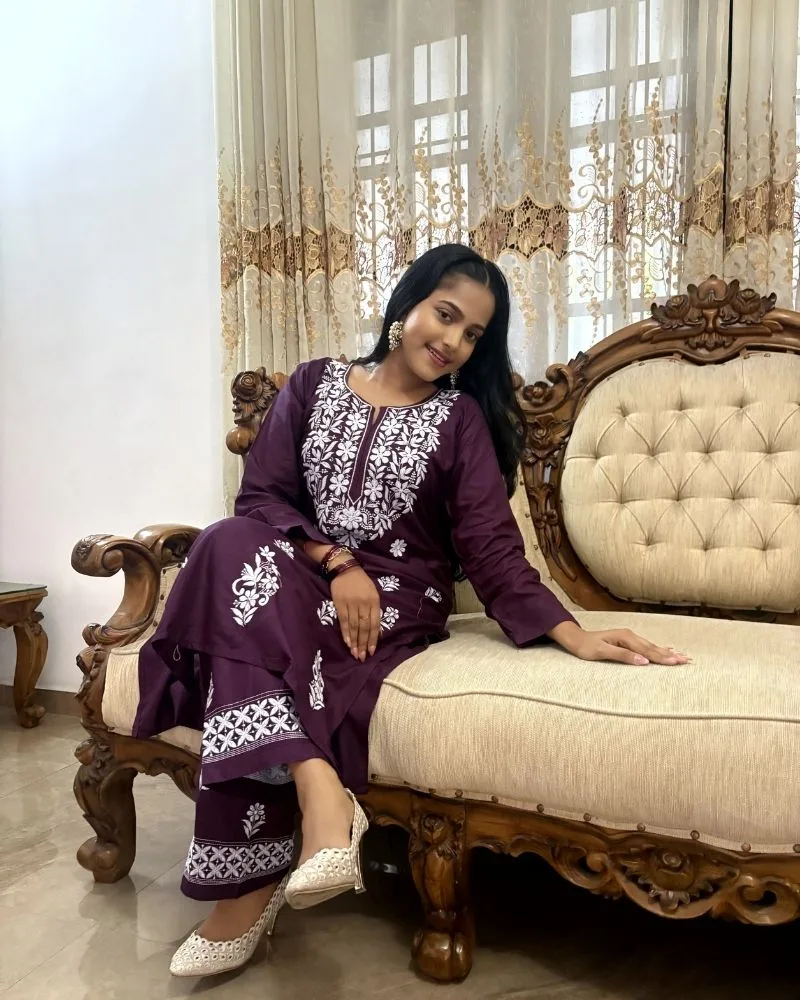 Majenta Color Chikankari Kurti Palazzo Set - Top & Pant