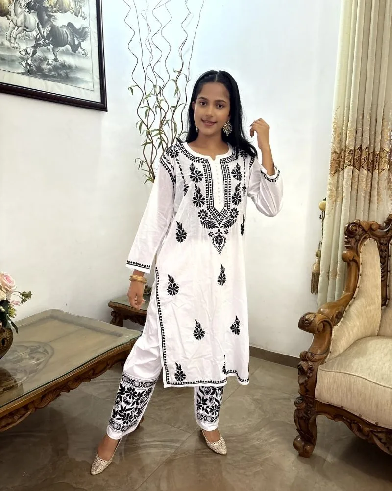 Floral Embroidered Chikankari Cotton Kurta Kit (Top & Pant)