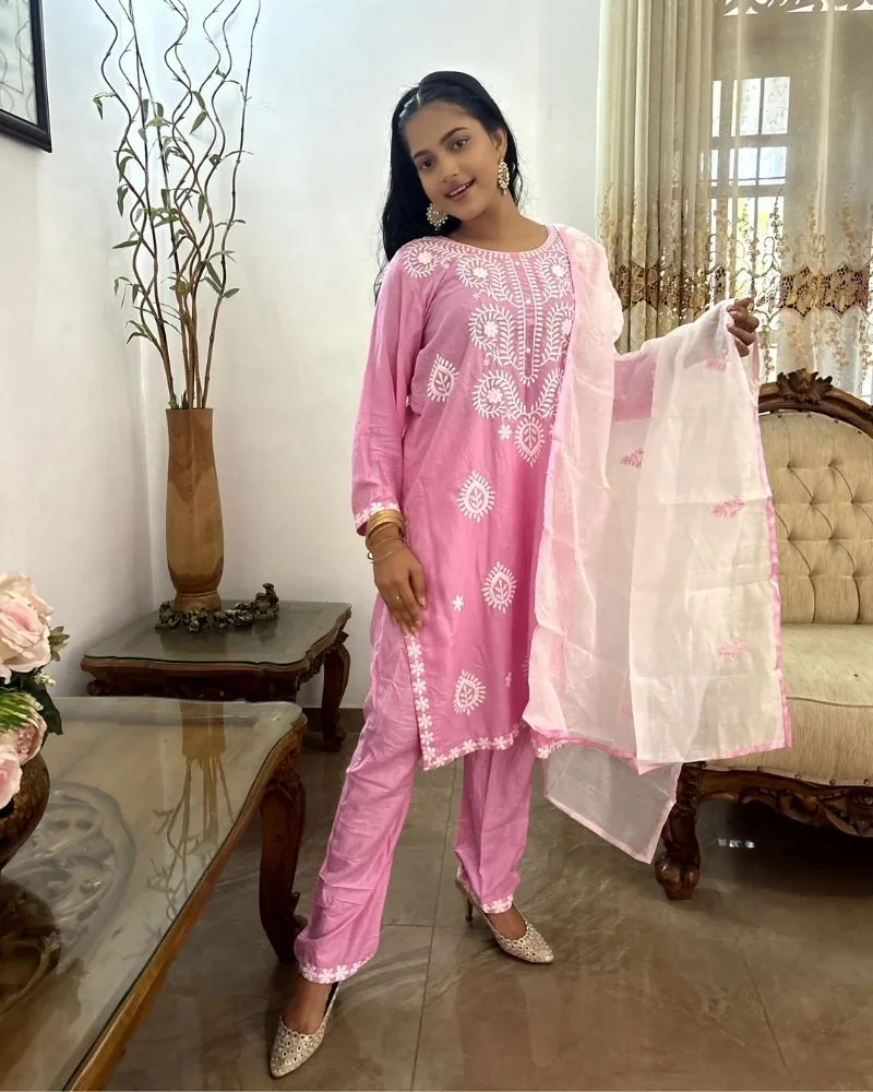 Floral Embroidered Thread Work Pure Cotton Kurta with Trousers & Dupatta