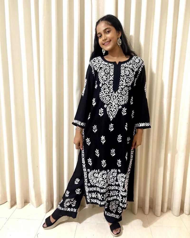 Black Cotton Chikankari Kurta Palazzo Set