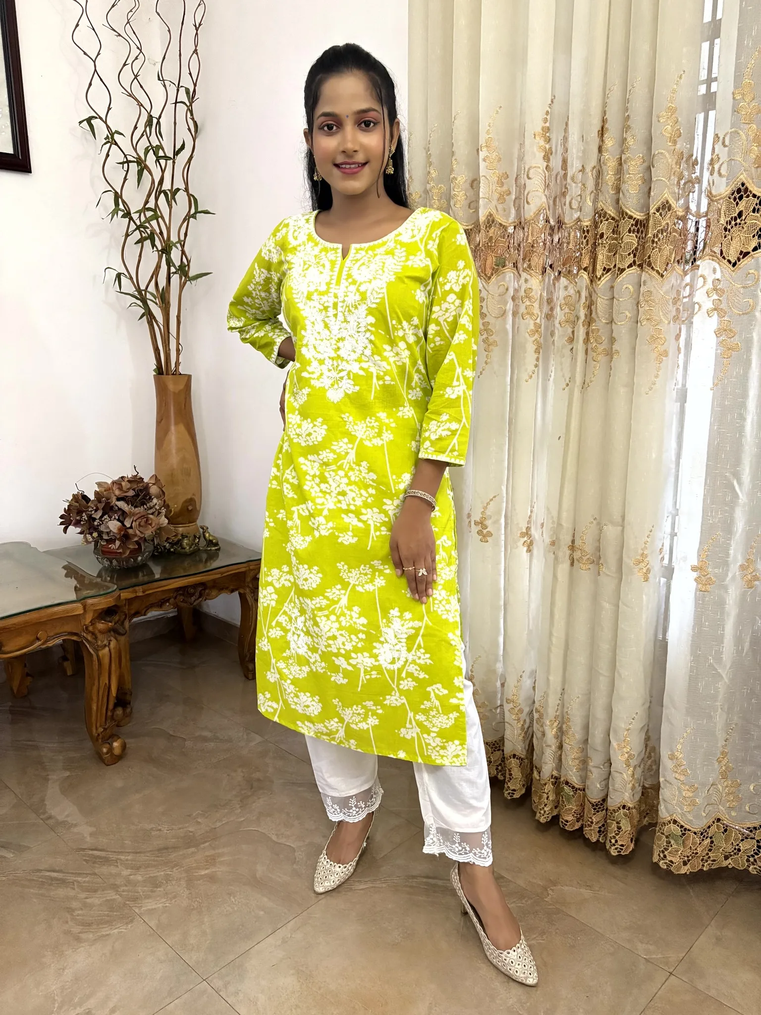 Cotton Neck Embroidered Kurthi Top with Pant