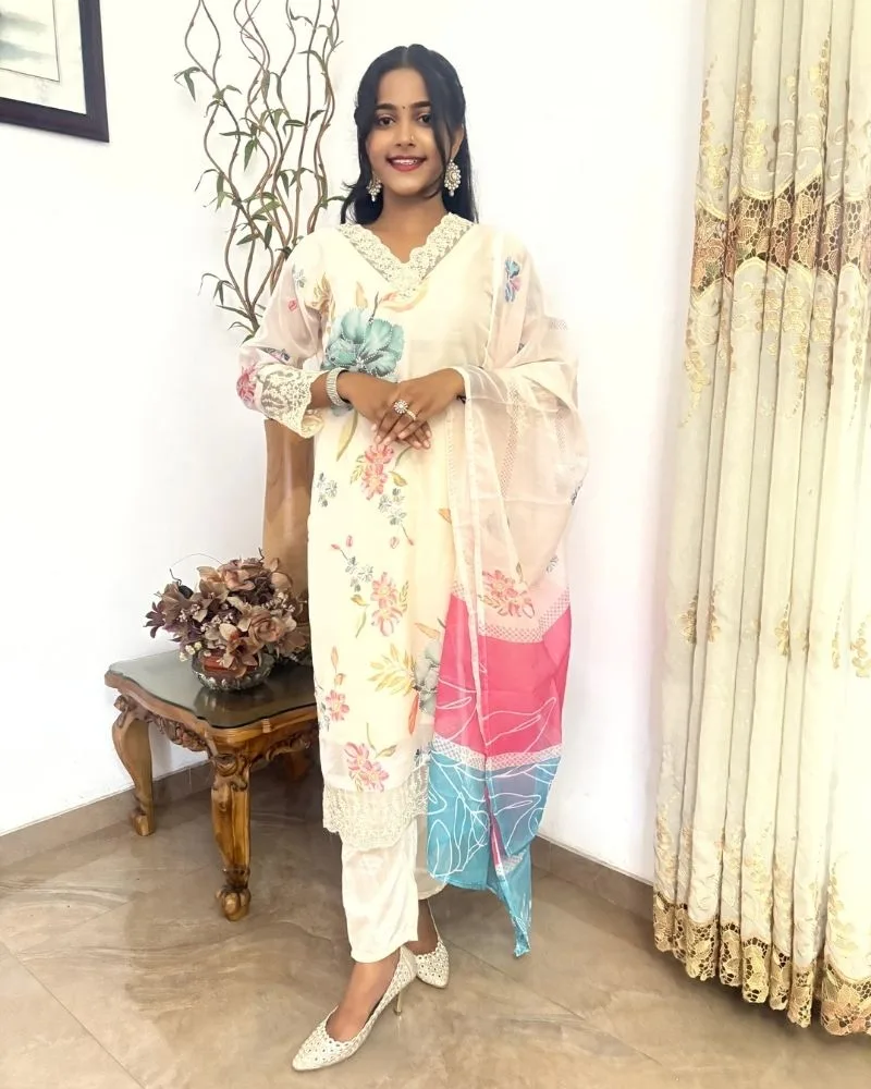 Digital Print With Full Handwork Off White Colour