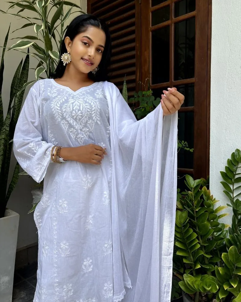 Floral Embroidered Chikankari Cotton Kurta With Pant - Full Kit