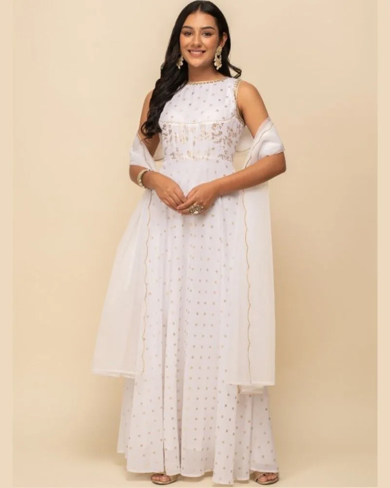 Fit & Flare Georgette Ethnic Pure White Dress