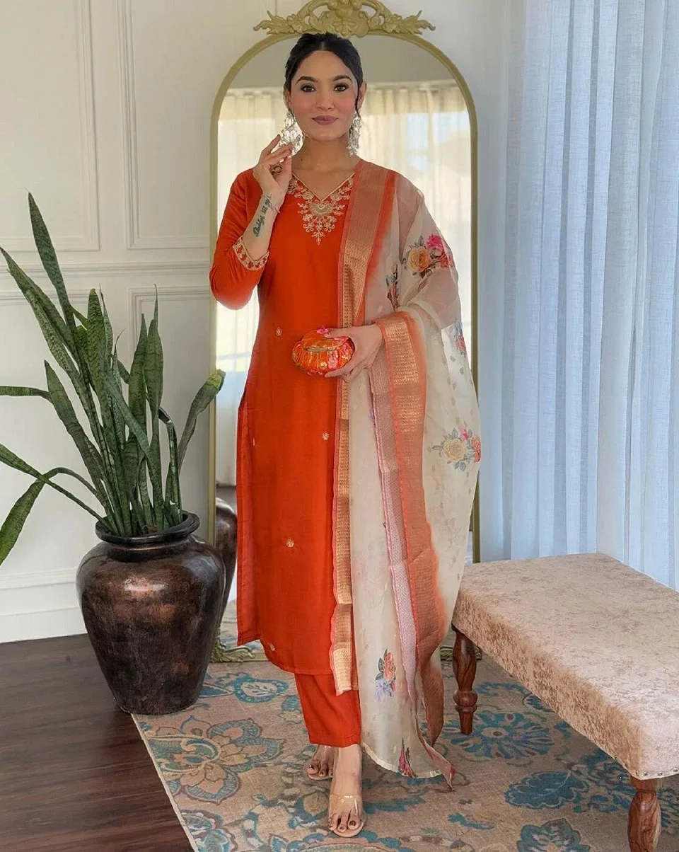 Silk Blend Kurti with Pant and Dupatta Set