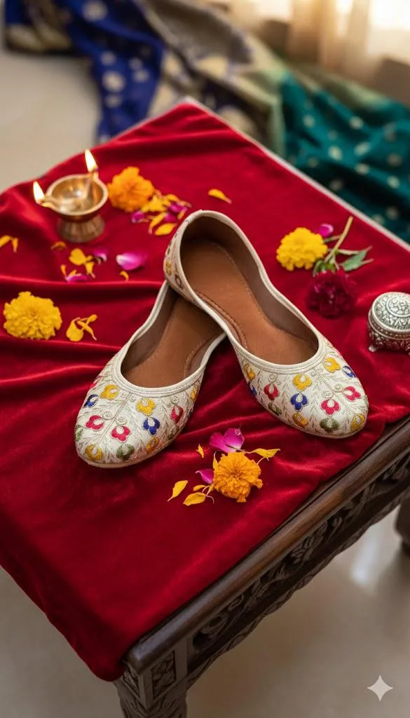 This is a pair of white Punjabi juttis featuring vibrant floral embroidery