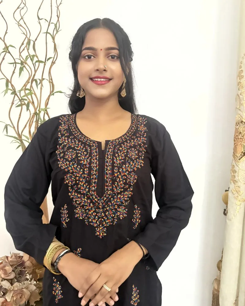 Colored Thread Embroidery Black Kurthi 