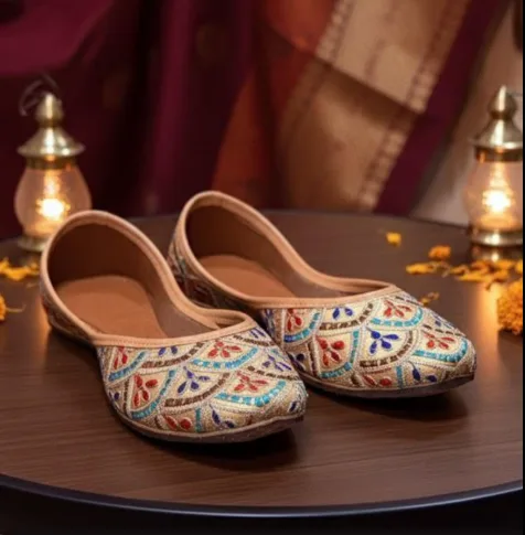 Embroidered Punjabi juttis, a type of traditional Indian and Pakistani flat footwear