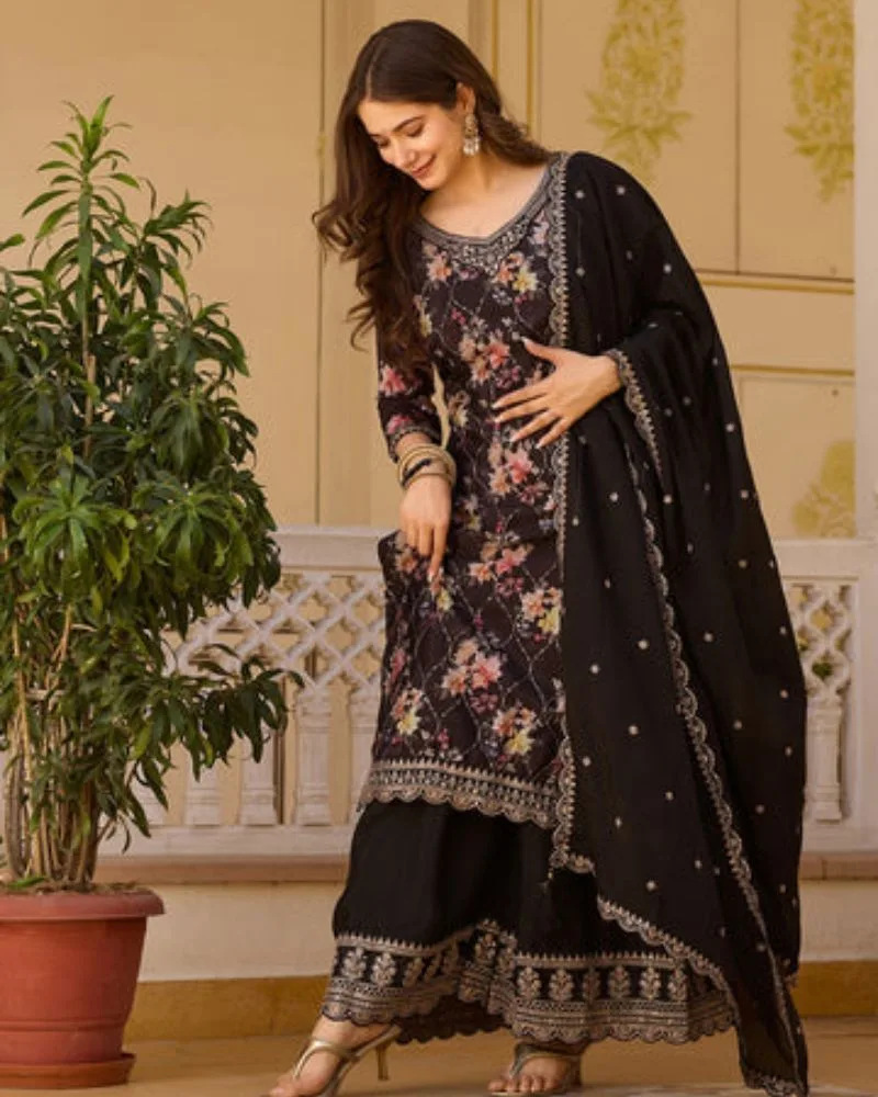 Embroidered Stitched CHINON Pant Style Kurti Suit With Duppatta product image