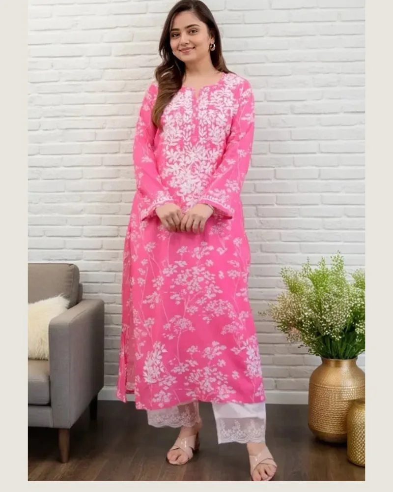Cotton Neck Embroidered Kurthi Top with Pant product image