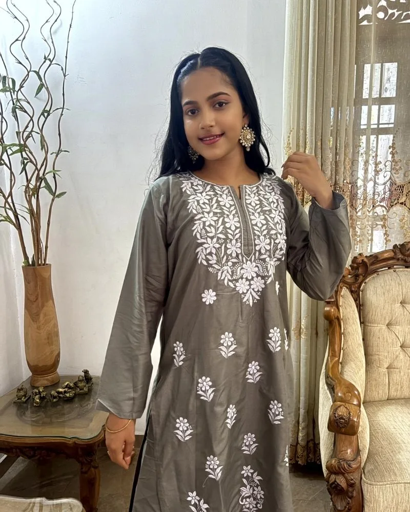 Grey Color Chikankari Kurti Palazzo Set 