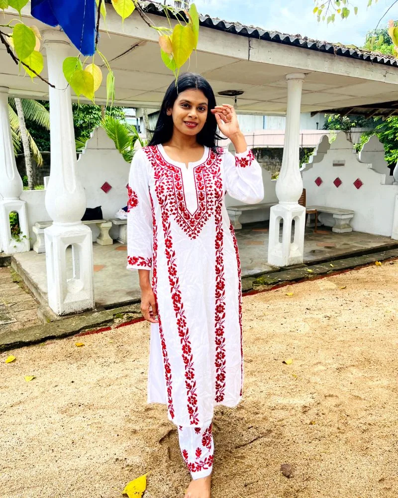 Chikankari Kurta set – White with Red (Top and Pant both) product image