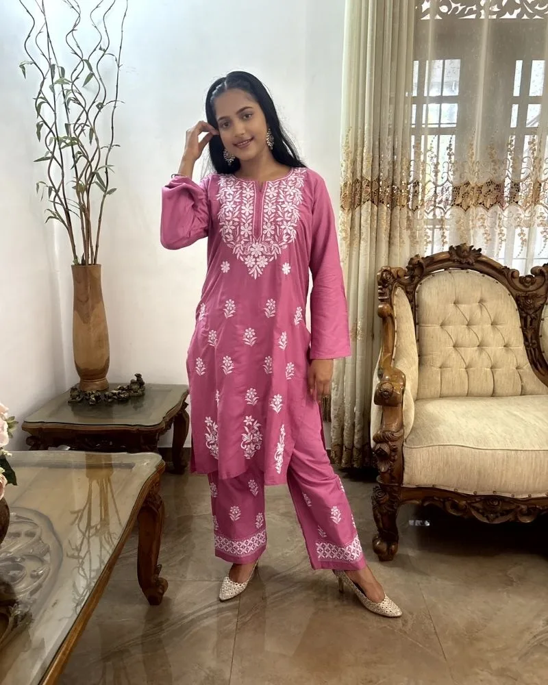Pink Color Chikankari Kurti Palazzo Set