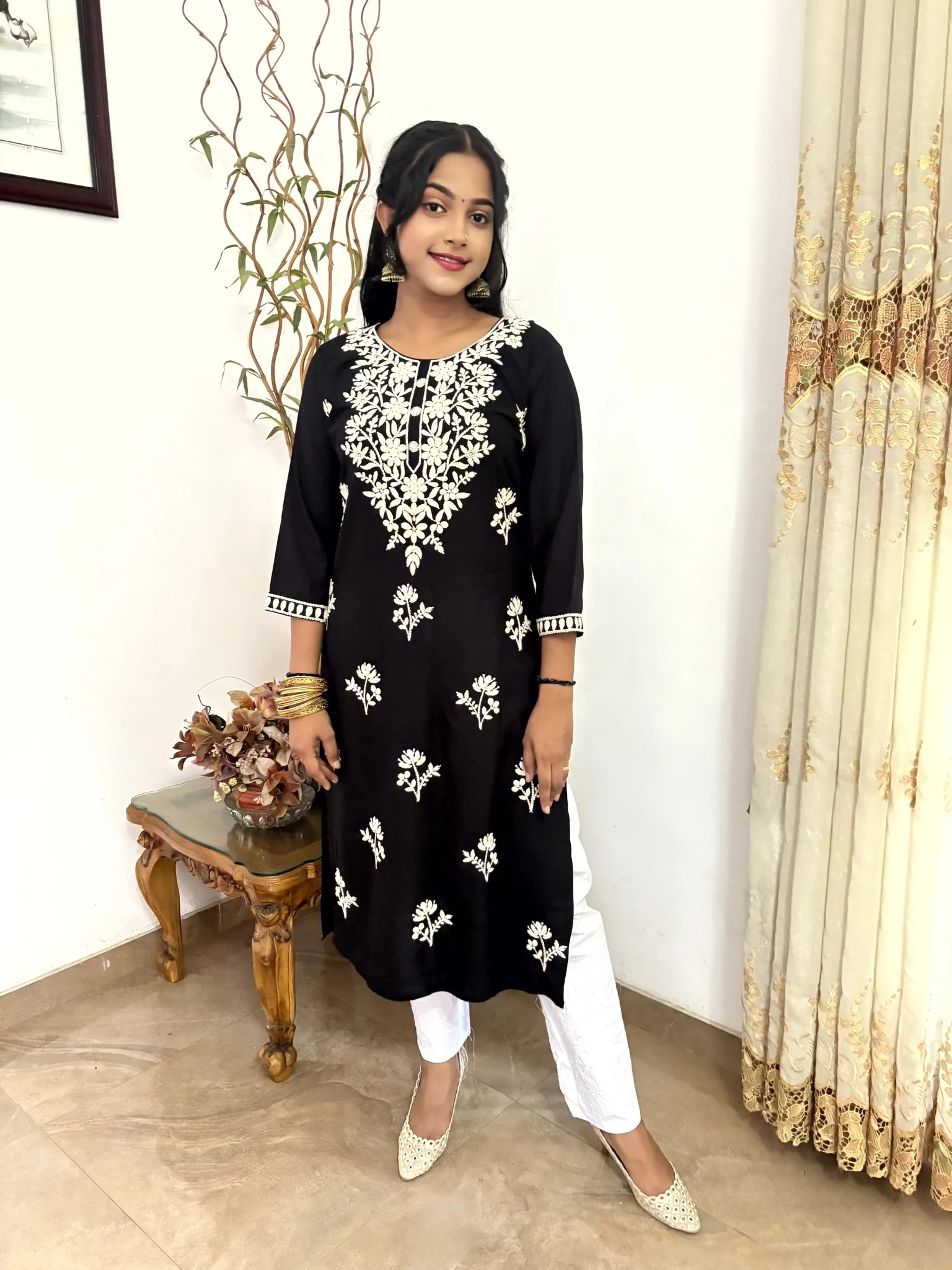 Long Reyon Kurthi Top - Black 