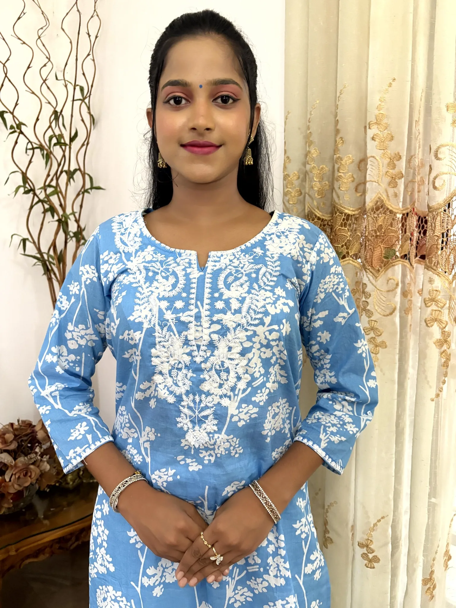 Cotton Neck Embroidered Kurthi Top with Pant