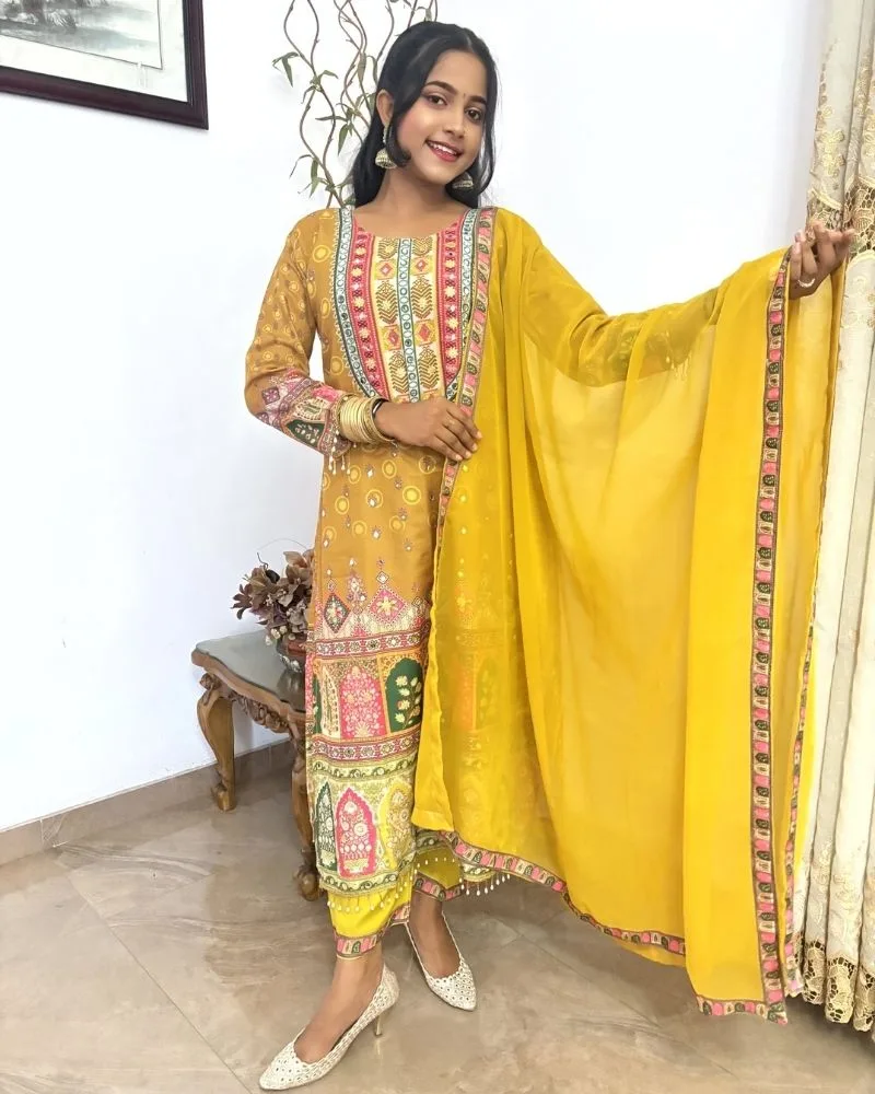 Fuchsia Heritage Muslin Cotton Mirror Work A-Line Suit Set